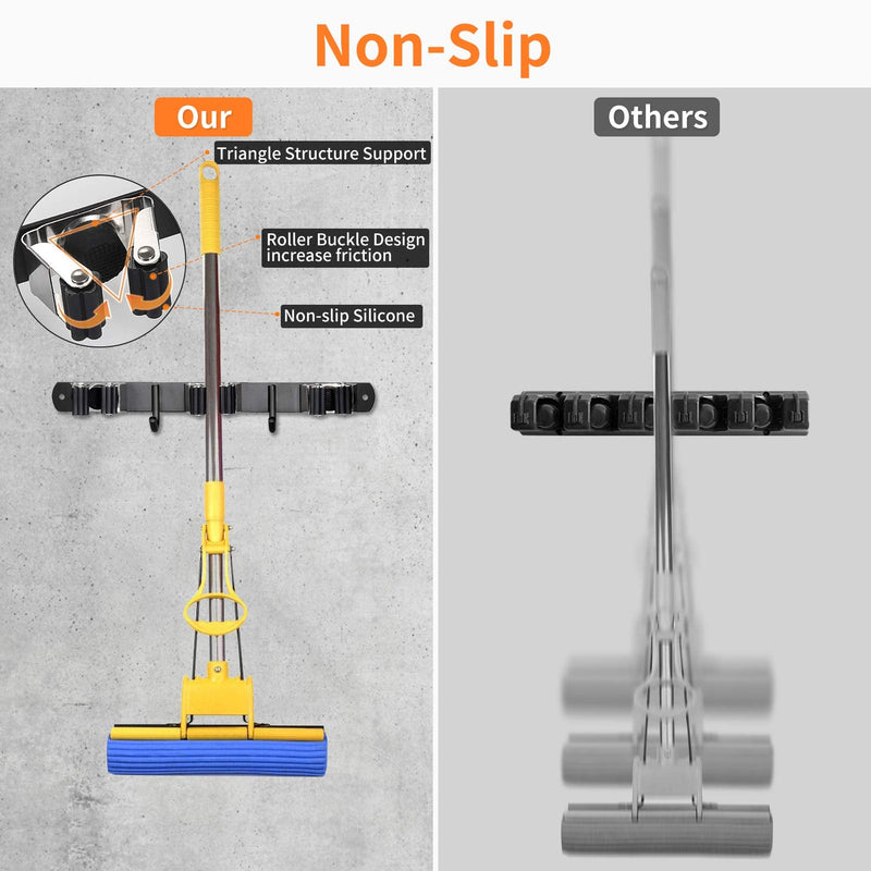  [AUSTRALIA] - Huryfox Broom and Mop Holder Wall Mounted Adjustable Garage Organizer with Utility Hooks Garden Tool Hanger Heavy-Duty Stainless-Steel Racks Cleaning Supplies for Kitchen/Laundry/Pantry/Bathroom Black