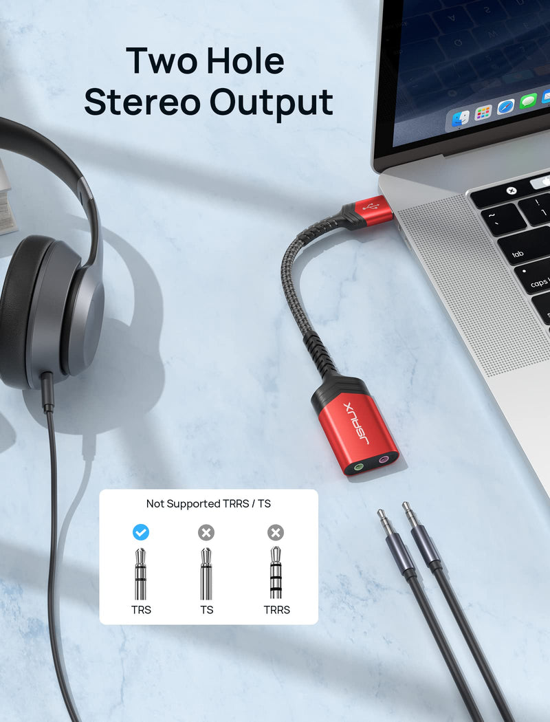 [AUSTRALIA] - USB Audio Adapter, JSAUX External Stereo Sound Card, USB to 3.5mm Jack Audio Adapter with 3.5mm TRS Headphone and Microphone Jack Compatible with Windows, MAC, PC, Laptop, Desktops, PS5, PS4 -RED