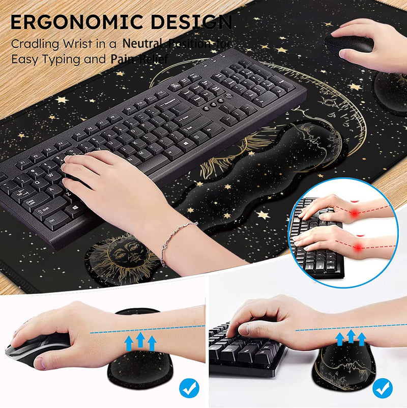  [AUSTRALIA] - Extended Large Mouse Pad+Keyboard Wrist Rest Support , Ergonomic Memory Foam Wrist Rest Easy Typing, 4Pcs Desk Pad Set for Home Office, Sun Moon Star Pattern XXL Gaming Black Desk Mat JV-mouse pad-8-35