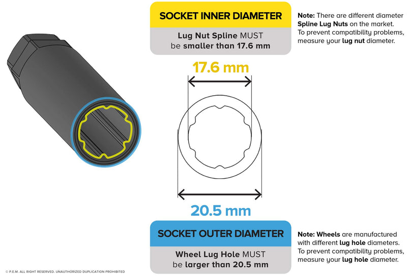 6 Point Spline Drive Tuner Socket Key Tool for Six-Spline Wheel Lock Lug Nuts - 17.6mm Inner Diameter - Compatible with 19mm (3/4) and 21mm (13/16) Replacement Hex Socket - 1pc Black - LeoForward Australia
