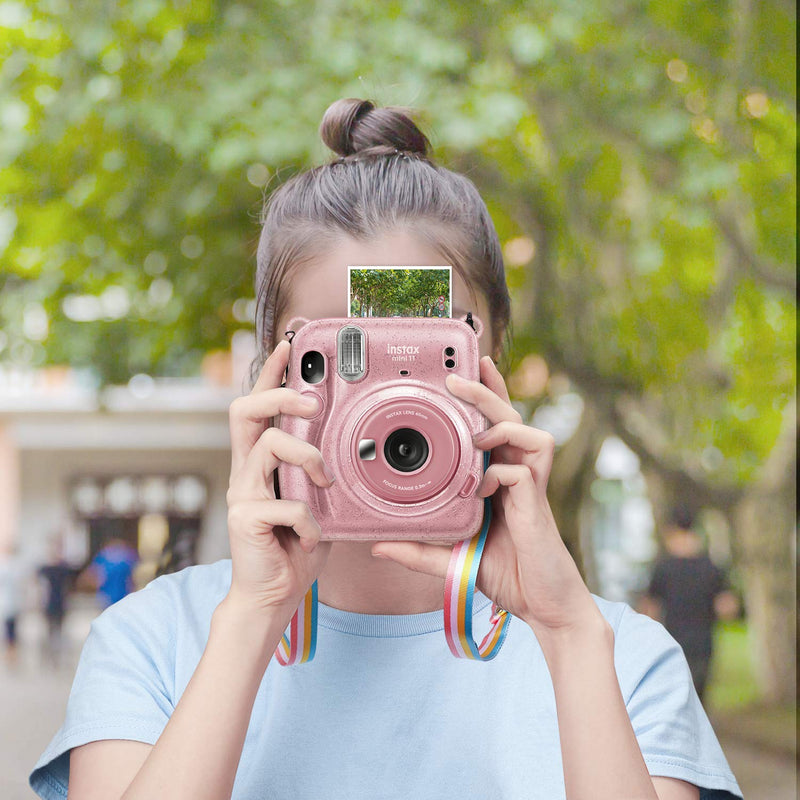  [AUSTRALIA] - Fintie Protective Clear Case for Fujifilm Instax Mini 11 Instant Film Camera - Crystal Hard Shell Cover with Removable Rainbow Shoulder Strap, Glittering Pink