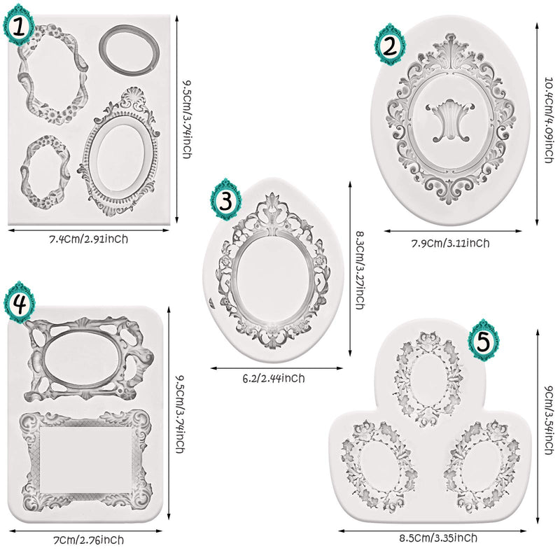 [AUSTRALIA] - 5 Pieces Mirror Frame Fondant Mold Vintage Victorian Frame Silicone Mold Photo Frame Mold for DIY Cake Topper Sugar Chocolate Cookies Polymer Clay and Crafting Project Decoration