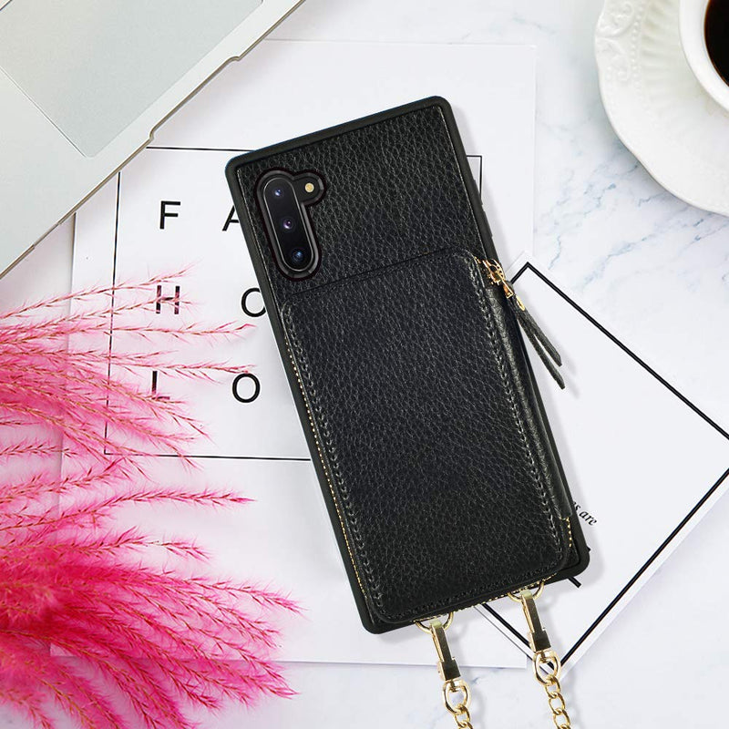  [AUSTRALIA] - Samsung Galaxy Note10 Plus Wallet Case, ZVE Case with Crossbody Chain Strap Credit Card Holder Zipper Handbag Purse Wrist Strap Print Cover for Galaxy Note 10 Plus 5G (2019), 6.8 inch - Black