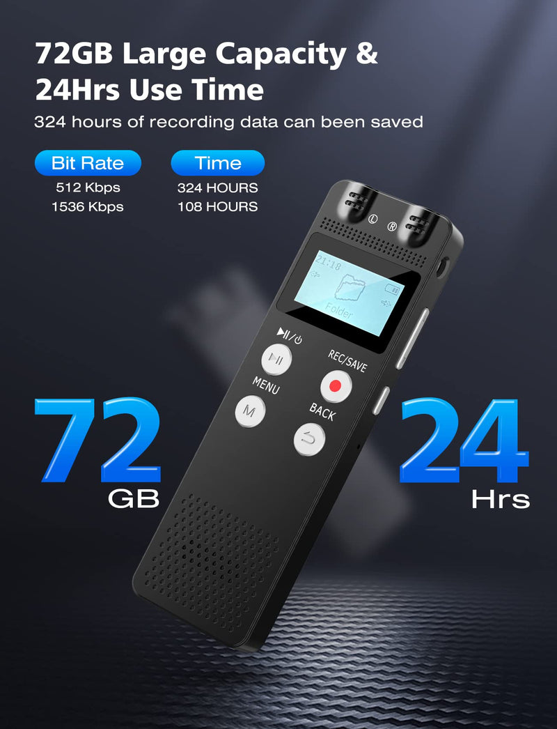  [AUSTRALIA] - Alorsay 72GB Digital Voice Recorder Noise Reduction with Playback for Lectures Meetings, 324Hours Voice Activated Recorder HD Recording, Portable Audio Recording Device with 24H Battery Time, Password