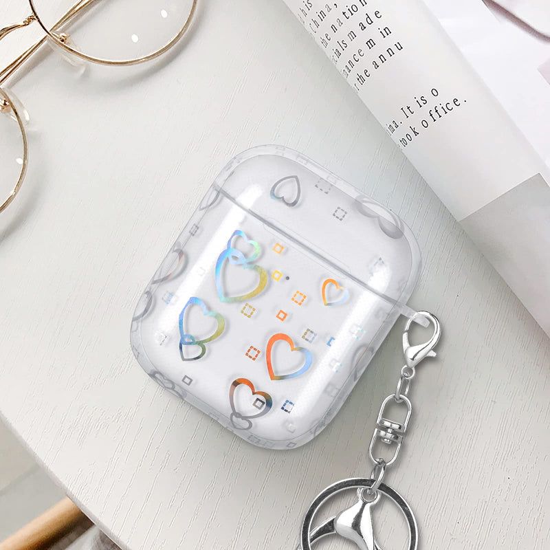  [AUSTRALIA] - Newseego Compatible with Airpods 1&2 Case,[Fashion Clear Laser Colorful Glitter Love Heart Design] Clear Soft TPU Cover with Silver Keychain Shockproof Protective Headphones Case for Girls Women