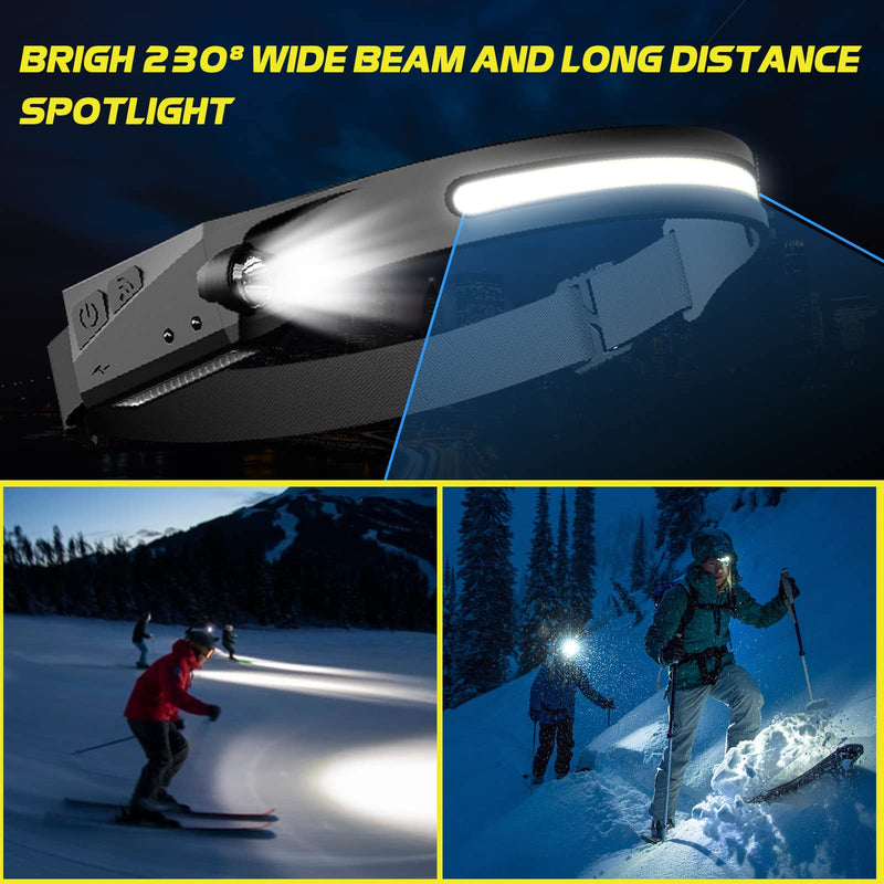  [AUSTRALIA] - LED Headlamp, Rechargeable Headlamps, 230° Wide Beam Lllumination Headlight with Motion Sensor&Spotlight, Outdoor Lightweight Waterproof Headlamp for Camping Adults Running Cycling Walking Black