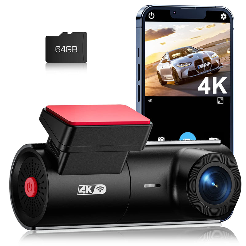  [AUSTRALIA] - Dash Cam 4K WiFi 2160P Car Camera, Dash Camera for Cars, Mini Front Dashcam for Cars with Night Vision, Loop Recording, G-Sensor,24H Parking Monitor,Supercapacitor,Voice Prompt,APP,64GB Card Included