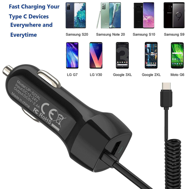  [AUSTRALIA] - 2Pack 2.4A Fast Charging USB C Car Charger Adapter with 3ft Type C Coiled Cable for Samsung Galaxy S20 FE S20 Plus Ultra S10 Lite S10e S9 S8+ A01 A10E A11 A20 A21 A30S A50 A51 5G A71, LG Stylo 6 5 4