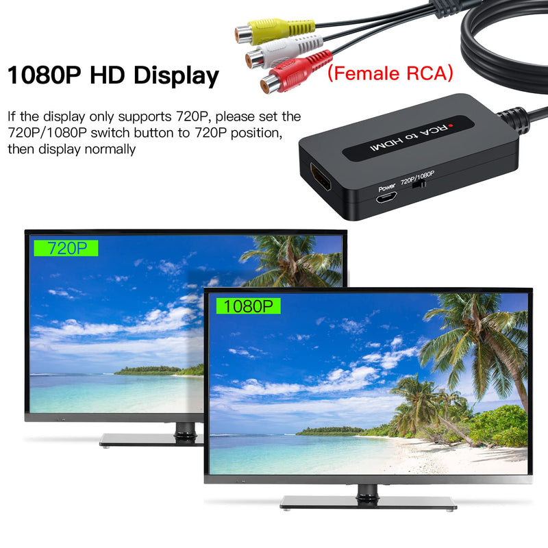  [AUSTRALIA] - TIXILINBI Female RCA to HDMI Cable Converter with HDMI and RCA Cables, CVBS Composite AV to HDMI Converter, RCA HDMI Adapter, Full HD 720P/1080P Output Switch for N64/ PS2/ Wii with Male RCA