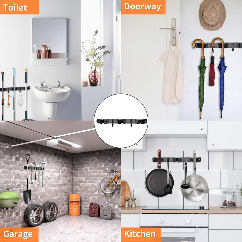  [AUSTRALIA] - Huryfox Broom and Mop Holder Wall Mounted Adjustable Garage Organizer with Utility Hooks Garden Tool Hanger Heavy-Duty Stainless-Steel Racks Cleaning Supplies for Kitchen/Laundry/Pantry/Bathroom Black