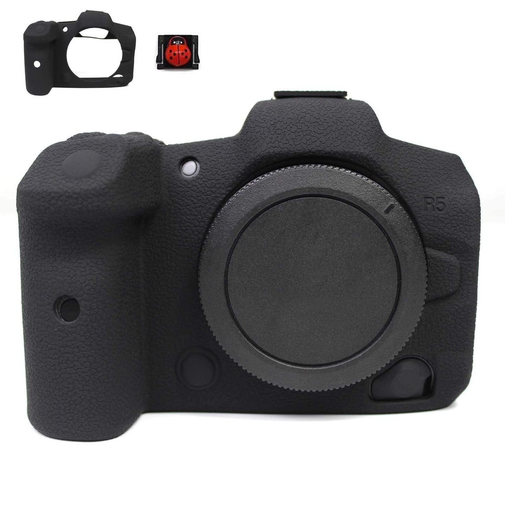  [AUSTRALIA] - for Canon R5 Silicone Gel Soft Camera Case Cover, PCTC Silicone Protective Cover Housing Frame Shell Case for Canon EOS R5 (Black), 1x Lovely Ladybug hotshoe Cap Accessories