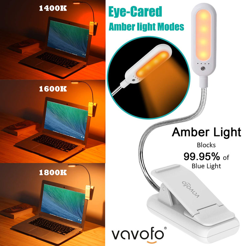  [AUSTRALIA] - VAVOFO Clip On Rechargeable Reading Light, 7 LEDs with 3 Colortemperature 9 Brightness Levels Book Lights for Reading in Bed with Power Indicator for Bookworms Black (white1-Pack) 1-Pack White