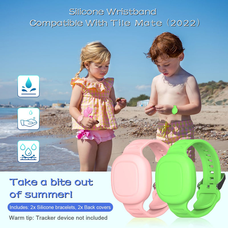  [AUSTRALIA] - [2 Pack] Kid Bracelet for Tile Mate Waterproof Hidden, Kids Wristband Tile Mate Holder Case Cover Compatible with Tile Mate (2022), Soft Silicone Tile Mate Case for Kids/Teens/Elderly (Pink+Green) 2pack-(Pink+Green)