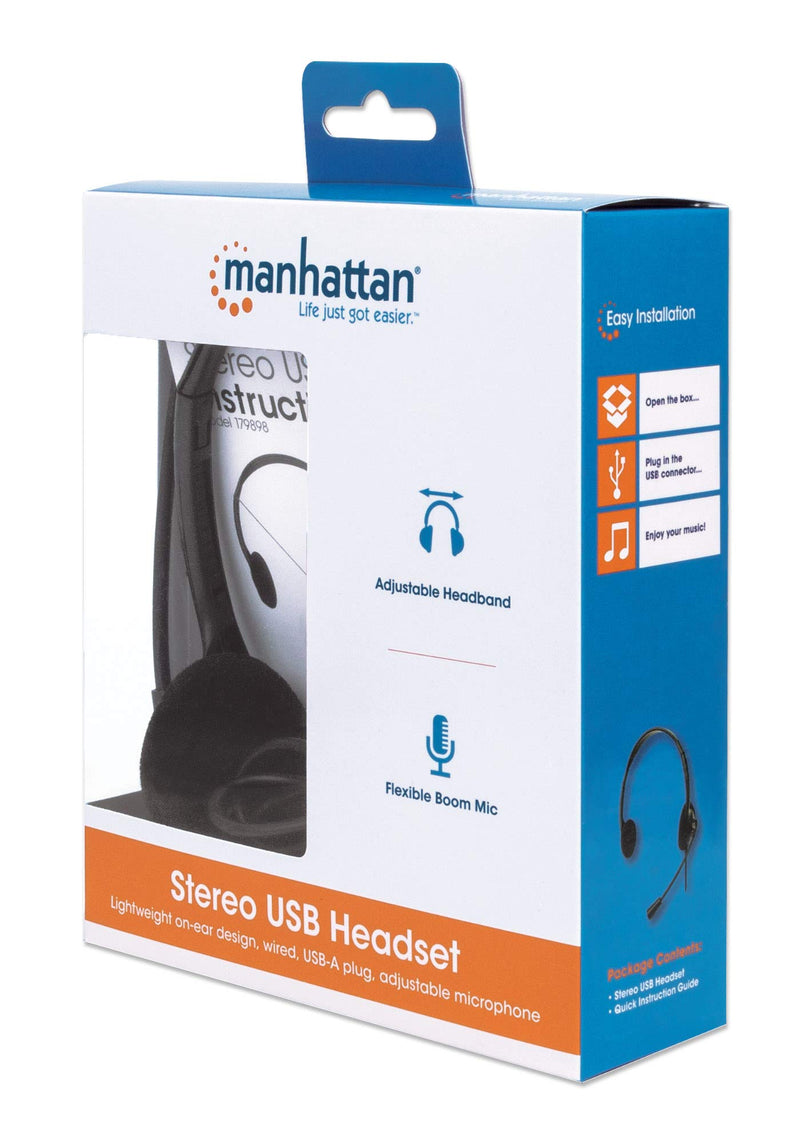  [AUSTRALIA] - Manhattan USB Headset with Mic & 5 ft Cable - Dual-Sided Padded On-Ear, Adjustable Headband - for Desktop, Laptop, Computer – 3 Yr Mfg Warranty - 179461