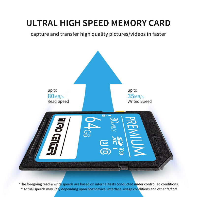  [AUSTRALIA] - Premium 64GB SDXC Card by Micro Center, Class 10 SD Flash Memory Card UHS-I C10 U3 V30 4K UHD Video R/W Speed up to 80/35 MB/s for Cameras Computers Trail Cams (64GB)