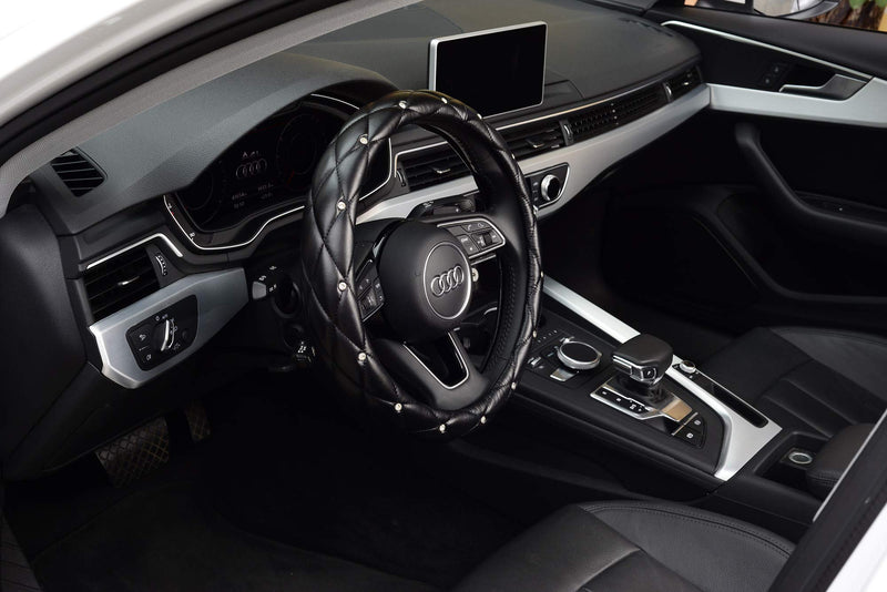  [AUSTRALIA] - KAFEEK Diamond Soft Leather Steering Wheel Cover with Bling Bling Crystal Rhinestones, Universal 15 inch Anti-Slip