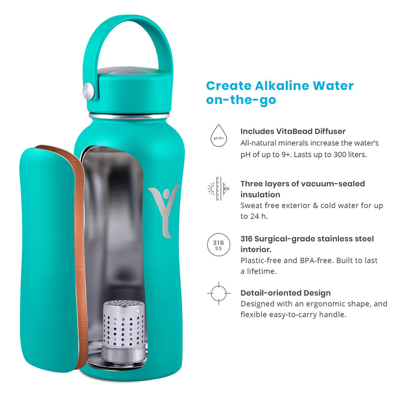  [AUSTRALIA] - DYLN Insulated Water Bottle | Creates Premium Alkaline Water On-The-Go | Keeps Cold for 24 Hours | Vacuum Insulated Stainless Steel | Standard Mouth Cap | Aqua Teal, 16 oz (480 mL) 16 oz Standard Mouth