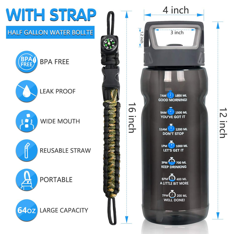  [AUSTRALIA] - Big Motivational Half Gallon Water Bottle with Straw, BPA Free Resuable 64 OZ Water Bottle with Straw & Time Marker, Paracord Bracelet on 1/2 Gallon Sports Water Jug for Camping Hiking Fitness black