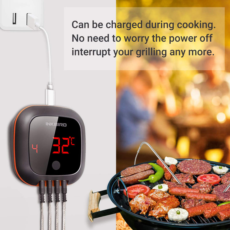  [AUSTRALIA] - Inkbird IBT-4XS Bluetooth Wireless Grill BBQ Thermometer for Grilling with 4 Probes, Timer, Alarm,150 ft Barbecue Cooking Kitchen Food Meat Thermometer for Smoker, Oven, Drum