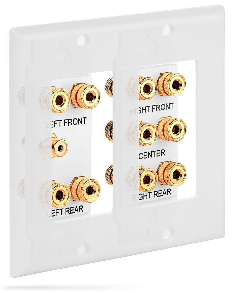  [AUSTRALIA] - Fosmon (2-Gang 5.1 Surround Distribution Home Theater Wall Plate - Premium Quality Gold Plated Copper Banana Binding Post Coupler Type Wall Plate for Speakers and RCA Jack for Subwoofer (White)