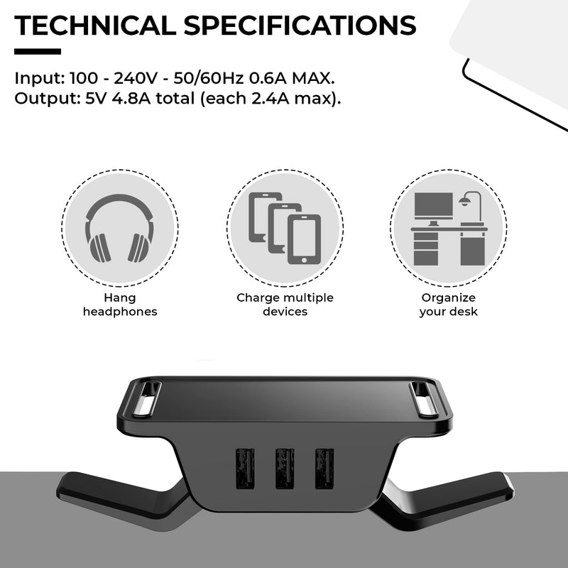  [AUSTRALIA] - HumanCentric Hook and Charge Headphone Hanger with USB Charger, Under Desk Headphone Mount + Headphone Stand, Charge Accessories with 3 USB A Ports, Hook Headphones on Headset Holder Desk Hook, Black