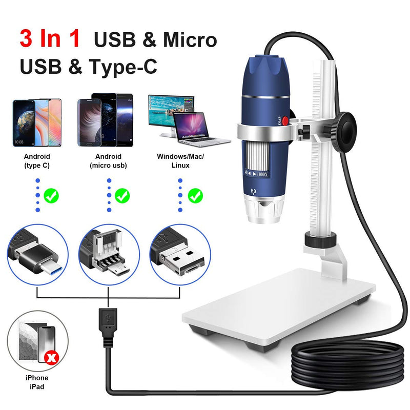  [AUSTRALIA] - Jiusion HD 2MP USB Digital Microscope 40X to 1000X Portable Magnification Endoscope Camera with 8 LEDs Aluminum Alloy Stable Stand for OTG Android Mac Windows 7 8 10 11 Linux