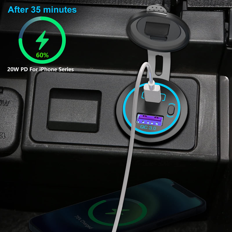  [AUSTRALIA] - 12 Volt USB Outlet, Ouffun USB C Car Charger Socket PD20W USB-C & Quick Charge 3.0 Port with Power Switch and 59'' Wire Waterproof DIY Car USB Port for 12V-24V Car Boat Marine RV Golf Cart Motorcycle