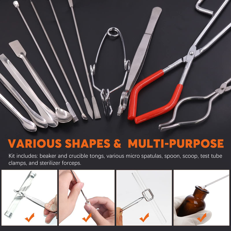  [AUSTRALIA] - Rustark 13Pcs Premium Scientific Labwares Essential Lab Tools Set Includes Beaker Tongs Crucible Tongs Lab Spatula Scoop Spoon Test Tube Tweezers Clamps