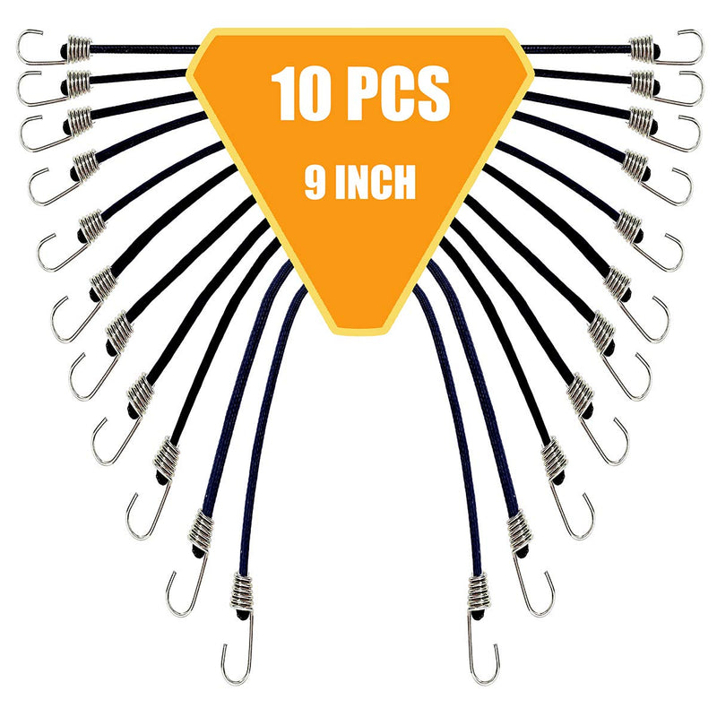  [AUSTRALIA] - 10 Pack Mini Bungee Cords with Hooks, 9 Inch Rubber Stretchy Bungee Cords with Carabiner Hooks for Camping, Tools, Tarps (Black) 9 IN Black