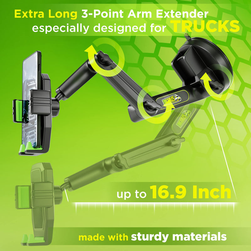  [AUSTRALIA] - Truckules Truck Phone Mount For Truck, Heavy Duty Cell Phone Holder for Truck Dashboard Windshield 16.9" Long Arm, Super Suction Cup & Stable, Compatible with iPhone & Samsung, green, commercial truck