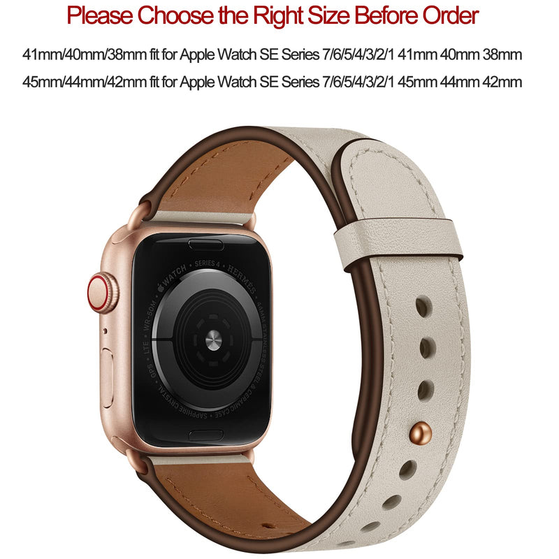  [AUSTRALIA] - OUHENG Compatible with Apple Watch Band 41mm 40mm 38mm 45mm 44mm 42mm, Genuine Leather Bands Replacement Strap for iWatch SE Series 7 6 5 4 3 2 1 (Beige/Rose Gold, 41mm 40mm 38mm) Beige/Rose Gold 41mm/40mm/38mm