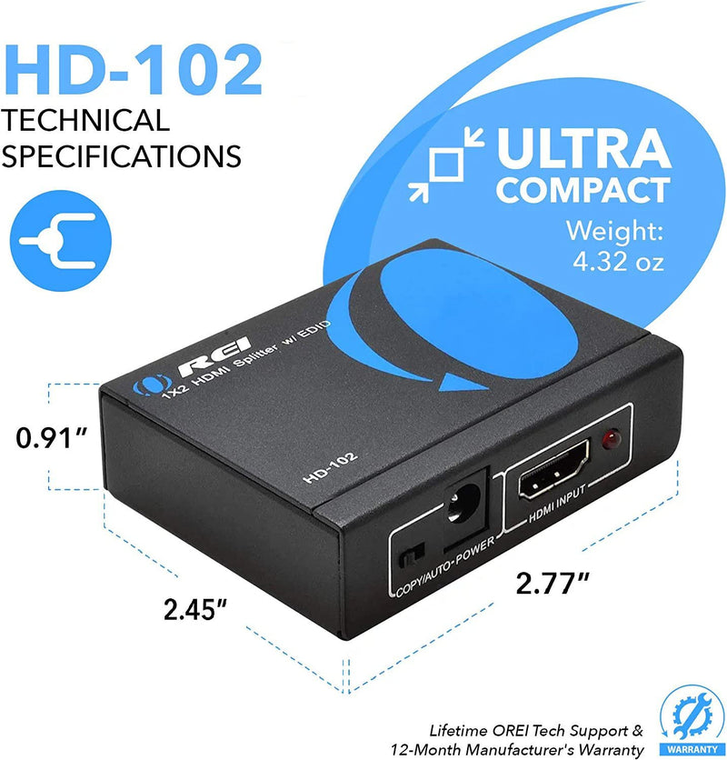  [AUSTRALIA] - OREI HDMI Splitter 1 in 2 Out - 1x2 HDMI Display Duplicate/Mirror - Powered Splitter Full HD 1080P, 4K @ 30Hz (One Input To Two Outputs) - USB Cable Included - 1 Source to 2 Identical Displays