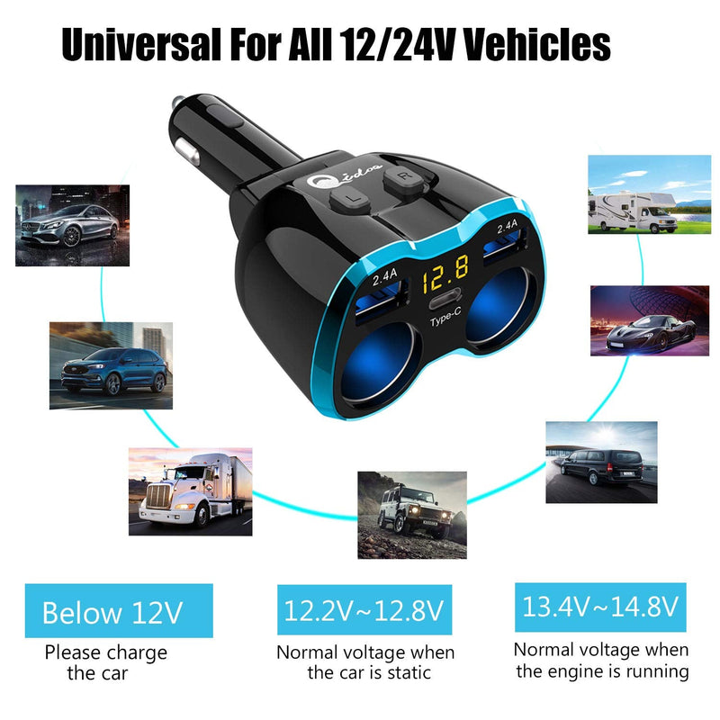  [AUSTRALIA] - USB C Car Charger, Cigarette Lighter Splitter Adapter 2 Socket Type C Multi Power Outlet 12V/24V 80W DC with LED Voltmeter Switch 5.8A Dual USB Port for Mobile Cell Phone GPS Dash Cam