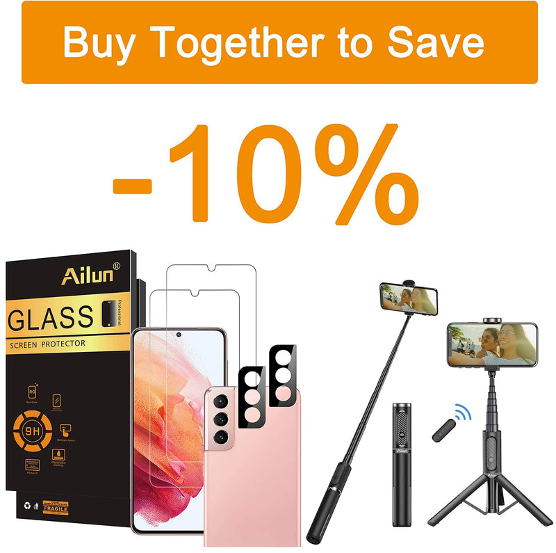  [AUSTRALIA] - Ailun Glass Screen Protector for Galaxy S21 5G [6.2 inch] 2Pack + 2Pack Camera Lens Tempered Glass and Selfie Stick Tripod,Extendable Aluminum,3 in 1,Bluetooth Wireless Remote and 360 Rotation Stand