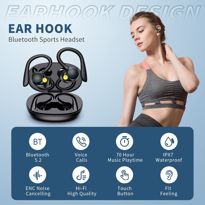  [AUSTRALIA] - Bluetooth5.2 Headphones HD Calls 120Hrs Playtime Wireless Earbuds with Charging Case Wireless IPX7 Waterproof Ear Buds Touch Control Over-Ear Earphones with Earhooks for Sports/Running/Work/Gaming