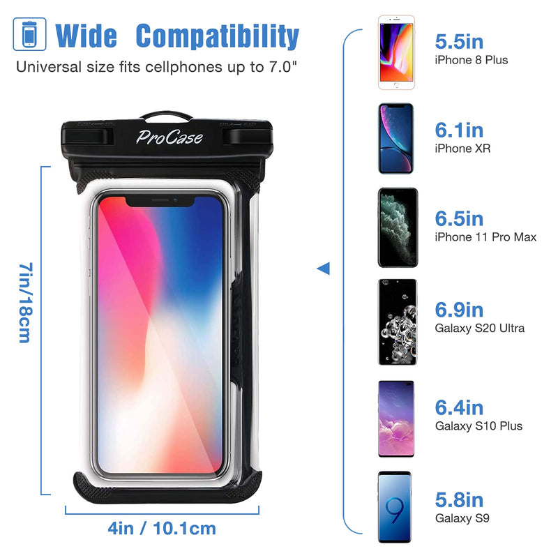  [AUSTRALIA] - ProCase Universal Waterproof Case Cellphone Dry Bag Pouch for iPhone 13 Pro Max 13 Mini, 12 11 Pro Max Xs Max XR XS X 8 7 6S Plus SE, Galaxy S20 Ultra S10 S9 S8/Note 10 9 up to 7" -2 Pack, Black