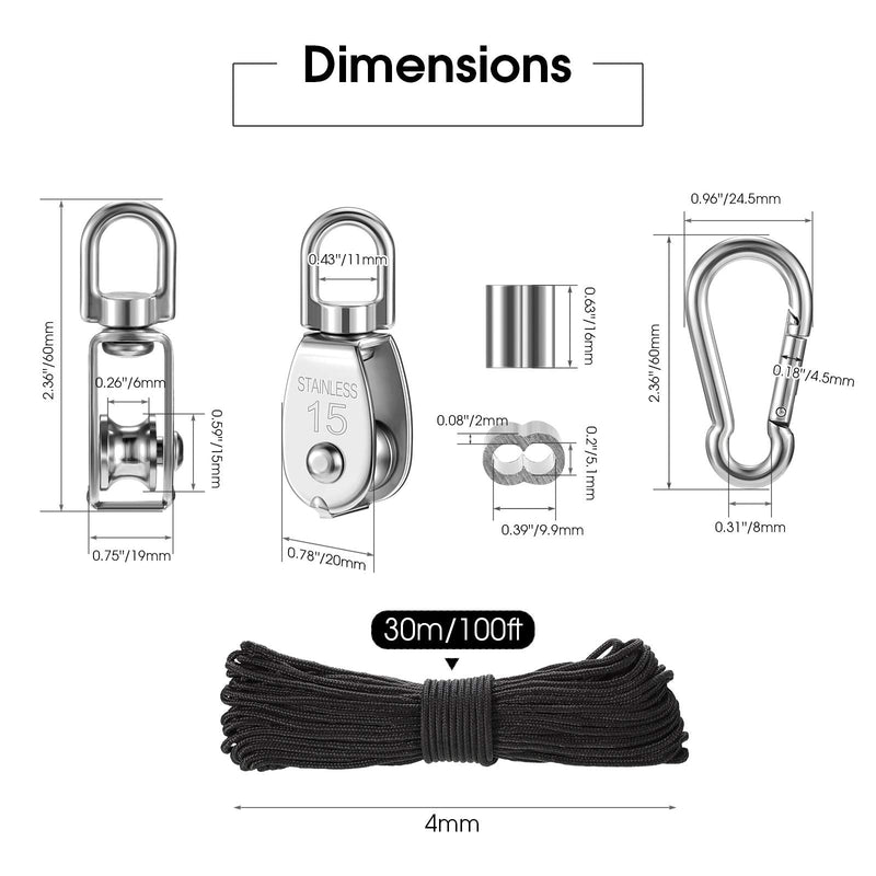  [AUSTRALIA] - 19 Pieces M15 Single Pulley Block Set 6 Pieces 304-Stainless Steel Wire Rope Single Roller for Lifting Crane, 6 Spring Snap Hooks, 6 Aluminum Crimping Loop Sleeves and 30 Meter Nylon Pulley Line Rope
