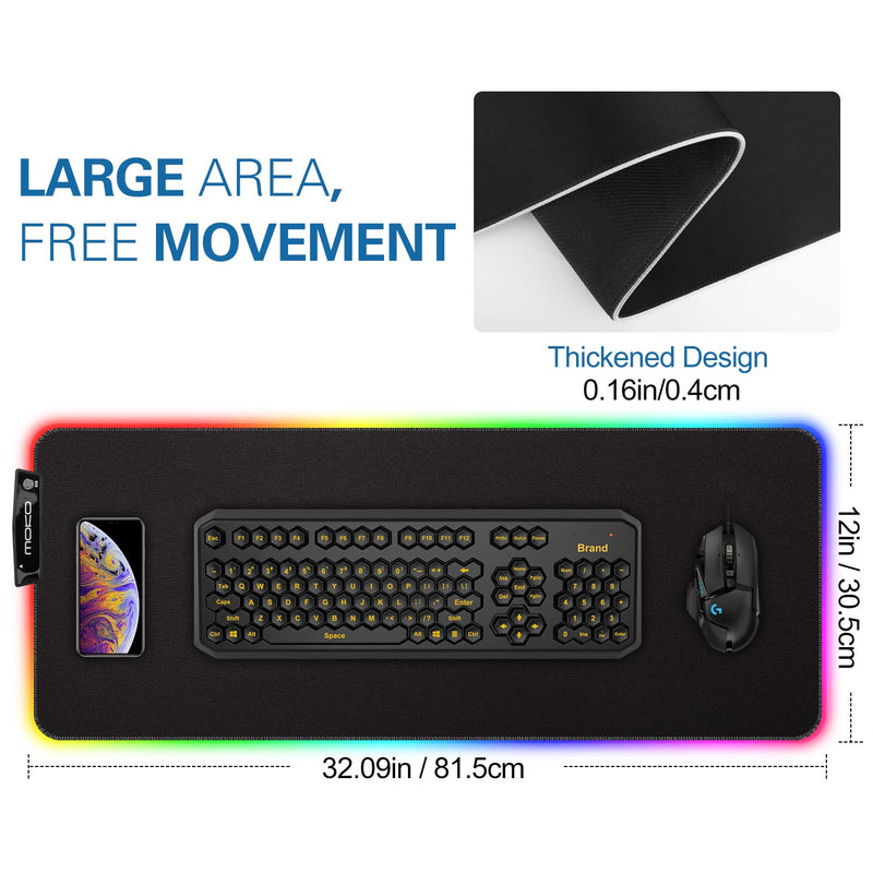 MoKo RGB Gaming Mouse Pad, Large Extended Glowing Led Mousepad with 15 Lighting Modes and USB 2.0 Port, Non-Slip Rubber Base Computer Keyboard Pad Mat for Gamer, 32.09 x 12 x 0.16 Inch - Black - LeoForward Australia