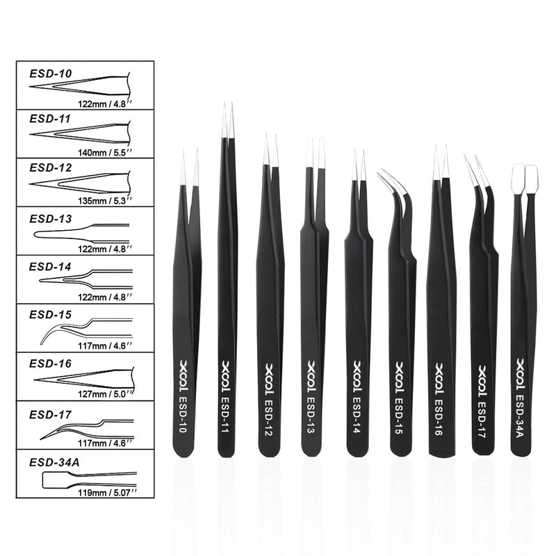  [AUSTRALIA] - Precision Tweezers Set, XOOL 9 PCS ESD Tweezers Set, Anti-Static Stainless Steel Tweezers Kit, Non-magnetic and Multi-standard Stainless Steel Tweezers for Lab, Electronics, Jewelry and Detailed Work ESD Tweezers 9 PCS