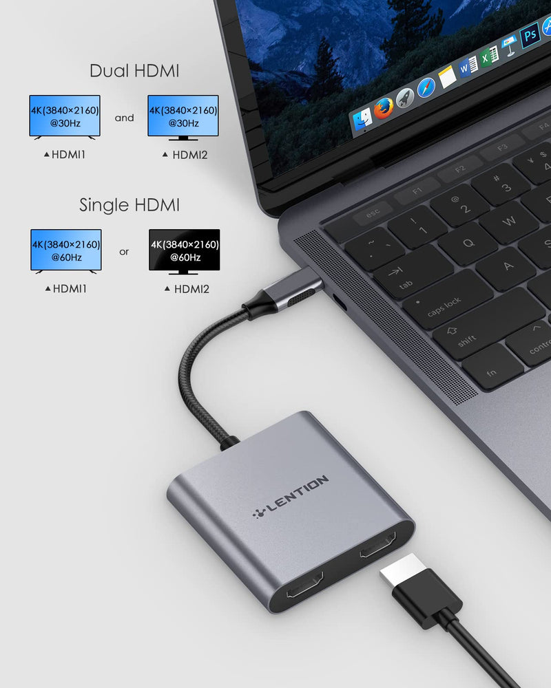  [AUSTRALIA] - LENTION USB C to Dual HDMI Adapter, Support Single 4K@60Hz or Dual 4K@30Hz, Compatible New MacBook, Surface Book 2/Pro 7/Go, XPS 13/15, More, Stable Driver Certified (CB-C53s, Space Gray)