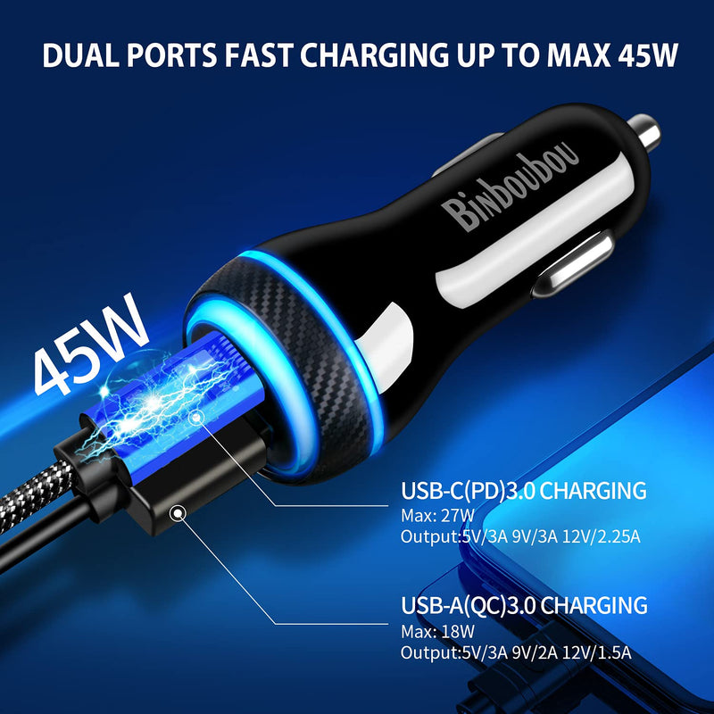  [AUSTRALIA] - 45W Type C Super Fast Car Charger,USB-C PD25W/PPS27W&USB A QC3.0 18W Compatible with Samsung S22/S21Ultra/Plus/Note20/S20-4FT Type-C Cord Black