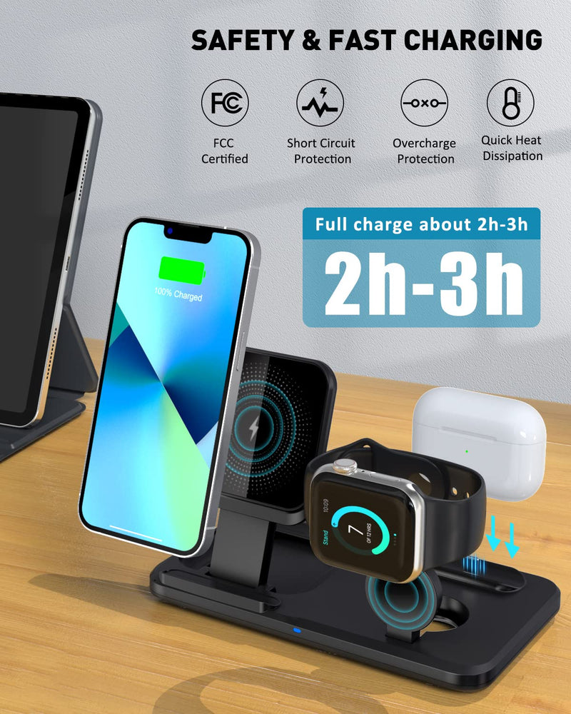  [AUSTRALIA] - 3 in 1 Charging Station for Apple Multiple Devices, Foldable Wireless Charger Portable Travel Charging Dock Charger Stand Compatible with iPhone Airpods Apple Watch with Adapter Black