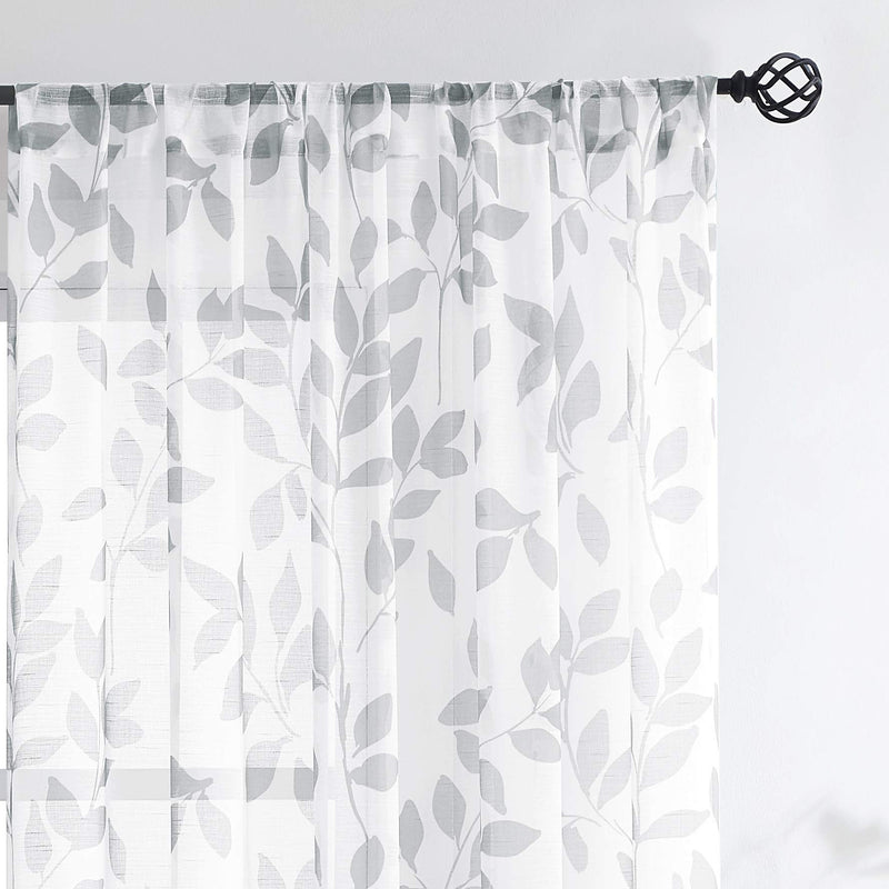  [AUSTRALIA] - White Grey Leaf Sheer Curtains for Bedroom 63” Semi-Sheer Print Leaves Pattern Curtains for Living Room Rustic Linen Textured Window Draperies for Parlor Apartment Dorm Rod Pocket Set of 2 50" x 63"