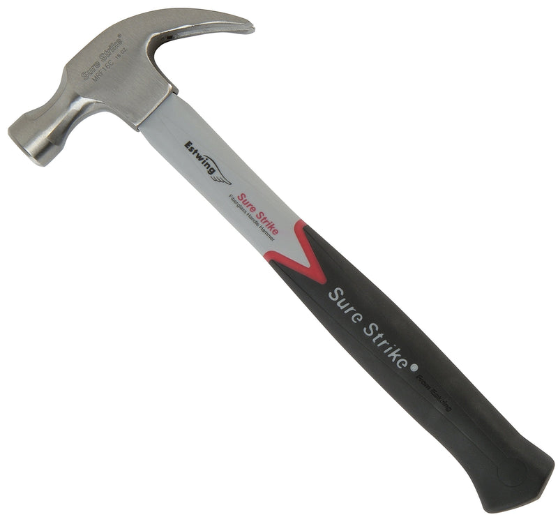  [AUSTRALIA] - Estwing Sure Strike Hammer - 16 oz Curved Claw with Fiberglass Handle & No-Slip Cushion Grip - MRF16C, Silver