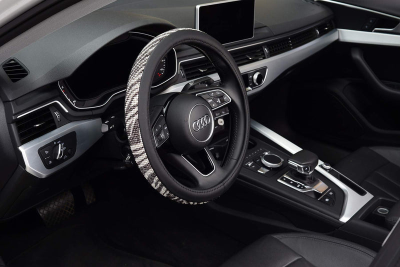  [AUSTRALIA] - KAFEEK Diamond Leather Steering Wheel Cover with Bling Bling Crystal Rhinestones, Universal 15 inch Anti-Slip, Black Microfiber Leather Gray Stripe Diamond
