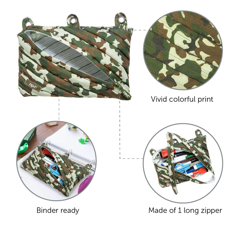  [AUSTRALIA] - ZIPIT Colorz 3-Ring Binder Pencil Pouch for Boys, Large Capacity, Holds Up to 60 Pens, Made of One Long Zipper! (Camo Green) Camo Green 3-Ring Pencil Pouch