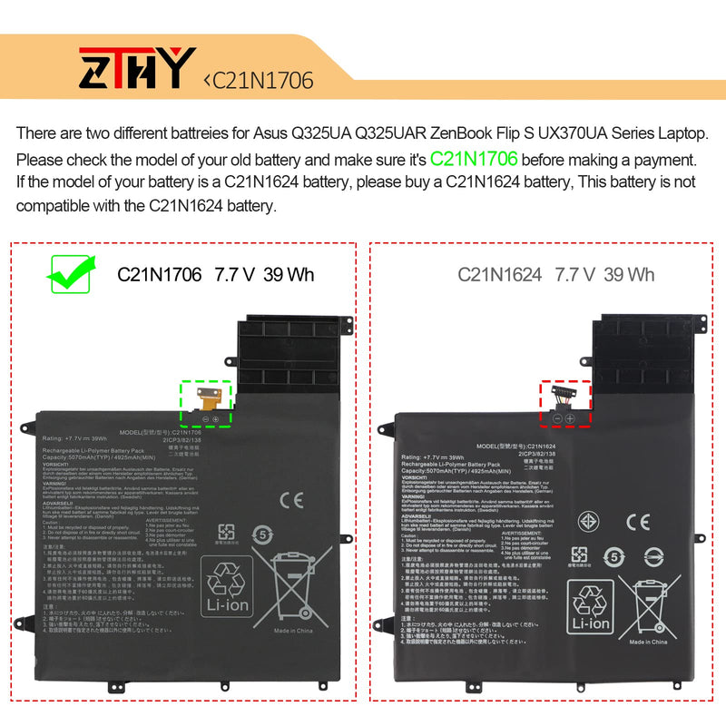  [AUSTRALIA] - ZTHY C21N1706 Laptop Battery Replacement for ASUS ZenBook Flip S UX370 UX370U UX370UA UX370UAF UX370UAR UX370F UX370UA-C4217T UX370UA-C4184T C4331T C4059 C4238T TC4131T C4372T 7.7V 39Wh 5070mAh