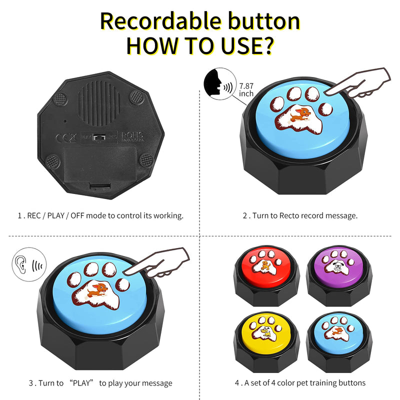  [AUSTRALIA] - BENGLY Set of 4，Recordable Button - Dog Training Buzzer-Record & Playback Your Own Message,Personalized Sound Buzzers, Talking Button, Easter GITS for Kids (Battery Included)