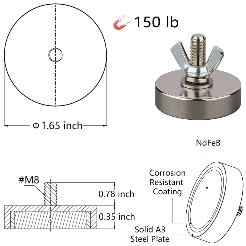  [AUSTRALIA] - MUTUACTOR 2PCS 150lb Super Powerful Neodymium Round Magnet with M8 Male Threaded Stud,Strong Magnetic Mounting for lightings, Tools ,fixtures and DIY Hardware Assembly