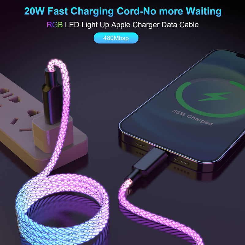  [AUSTRALIA] - Light Up iphone Charger Cable 20W Fast Charging LED iPhone Charger Cable MFi Certified iphone RGB LED Flowing Lightning Cable Apple Car Charging USB to Lightning Data Sync Cable for iPhone Carplay 3FT